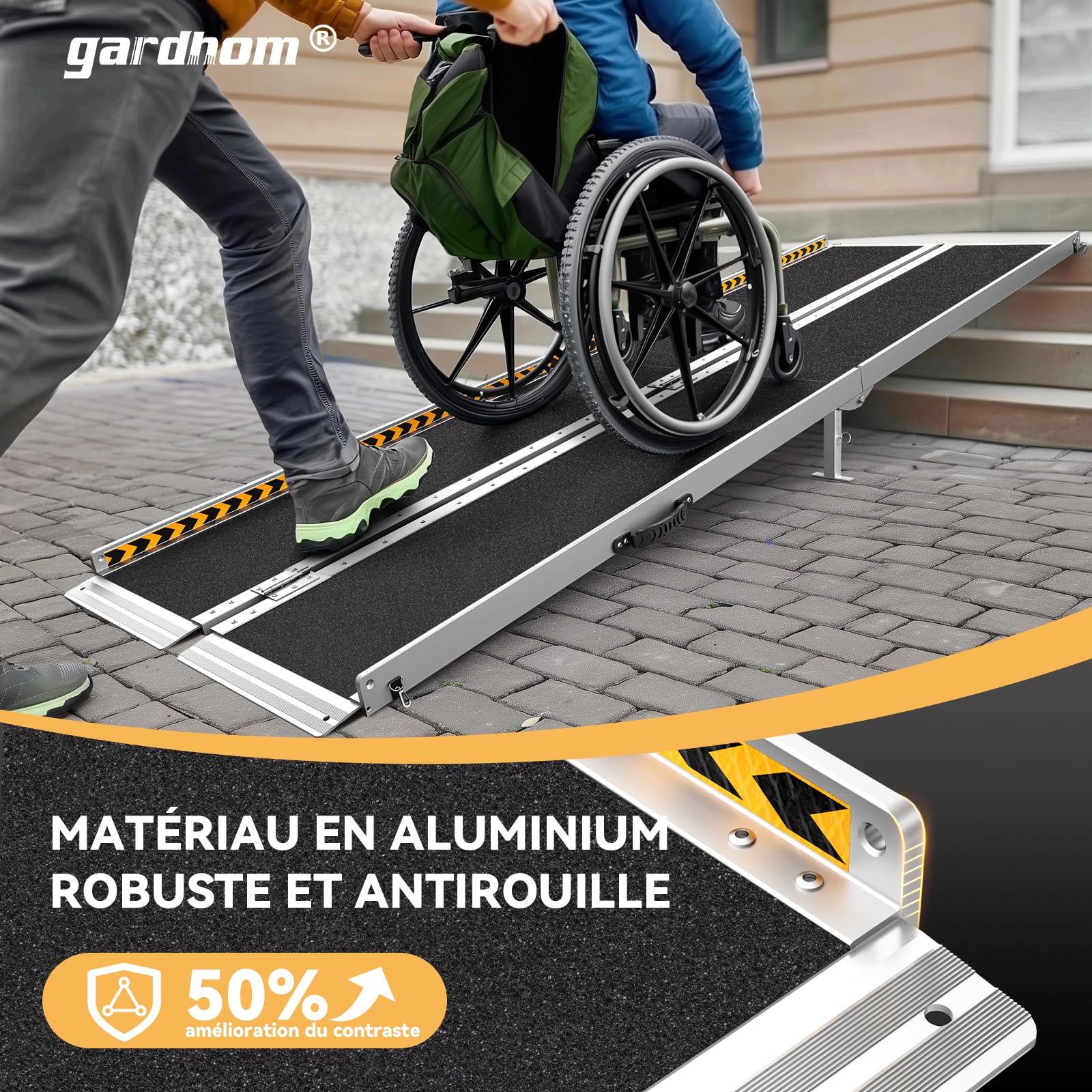 gardhom Rampes pour Fauteuils Roulants 213,5CM, Rampe de Chargement Rampe d'Accès Antidérapante Pliable avec Bordures de Sécurité Max 362KG