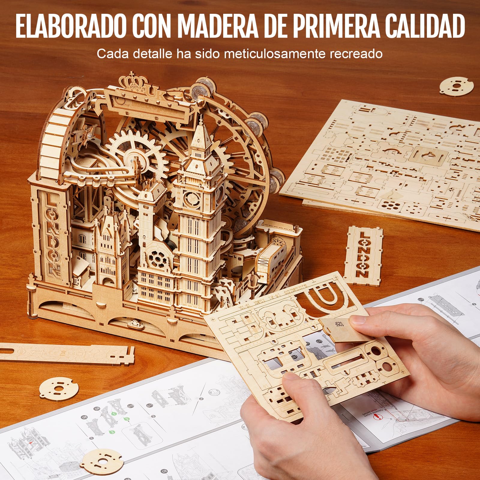 ROKR Marble Travel London – Puzzle de Circuito de Canicas 3D en Madera, Kit Stem para Adolescentes y Adultos, Modelo Interactivo de Monumentos de Londres con Luz Decorativa