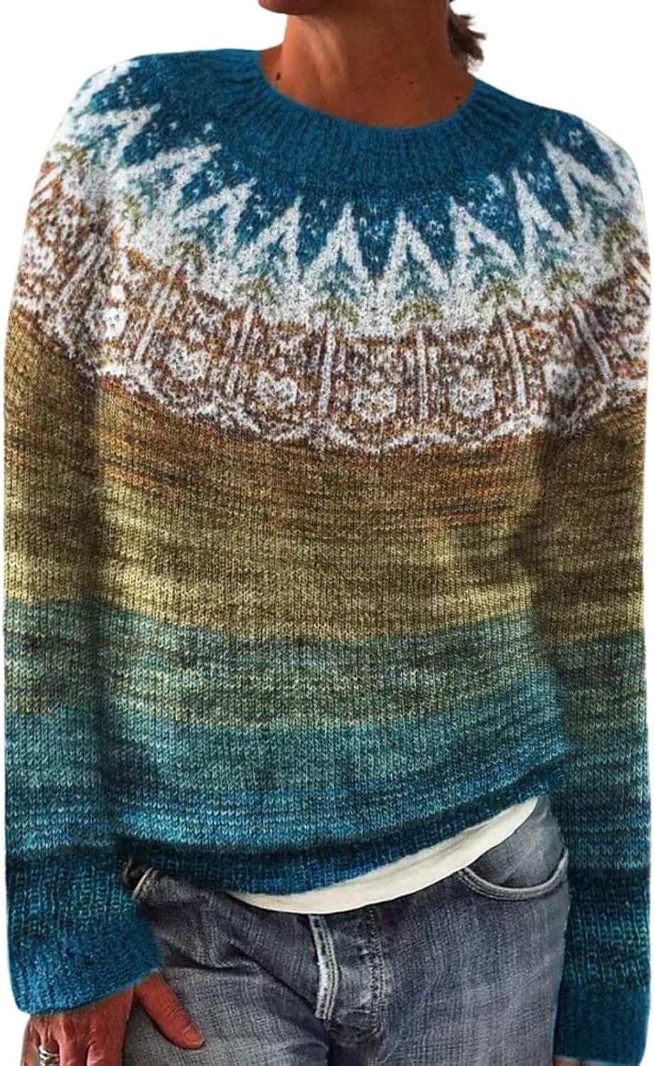 Women's Fair Isle Sweater Long Sleeve Boat Neck Pullover Tops 2025 Vintage Knitted Sweater Tops for Christmas