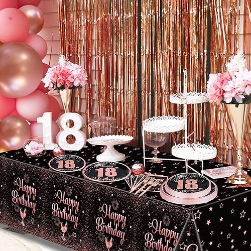Miniatura 3 de Decoraciones de cumpleaños número 18 en negro y oro rosa para niños y niñas - 81 piezas de platos, servilletas, mantel de 18, tenedores para