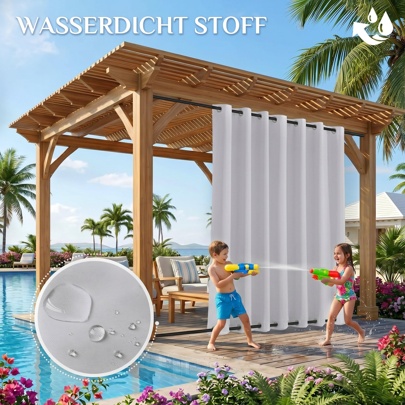 Outdoor Vorhang Wetterfest Extra Breit B254xH243cm, Winddicht mit Ösen Oben und Unten, Sichtschutz &Sonnenschutz für Pavillon Terrasse Balkon Garten, 1 Stück (Grau Weiß)