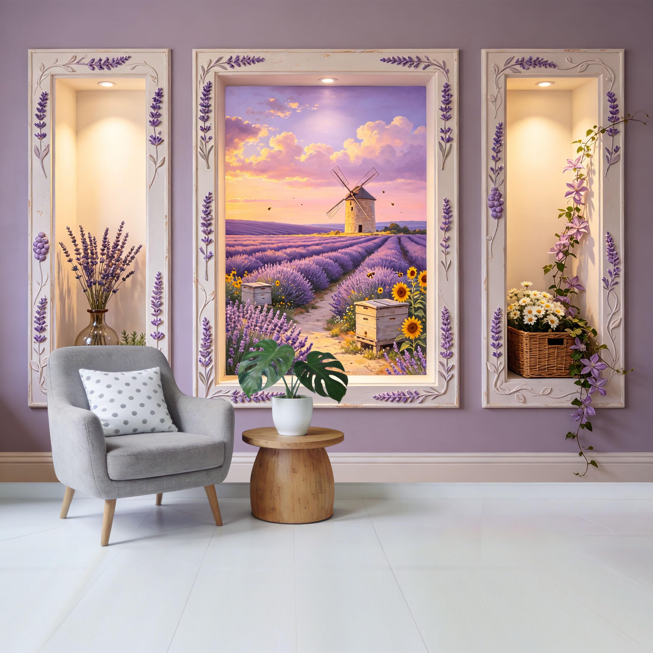 Removable Self Adhesive Fabric Mural， Custom Size Wall Covering， UV Protected Waterproof Washable Wall Decor for Living Room Bedroom Bathroom， Lavender Field Windmill Sunset Landscape Oil