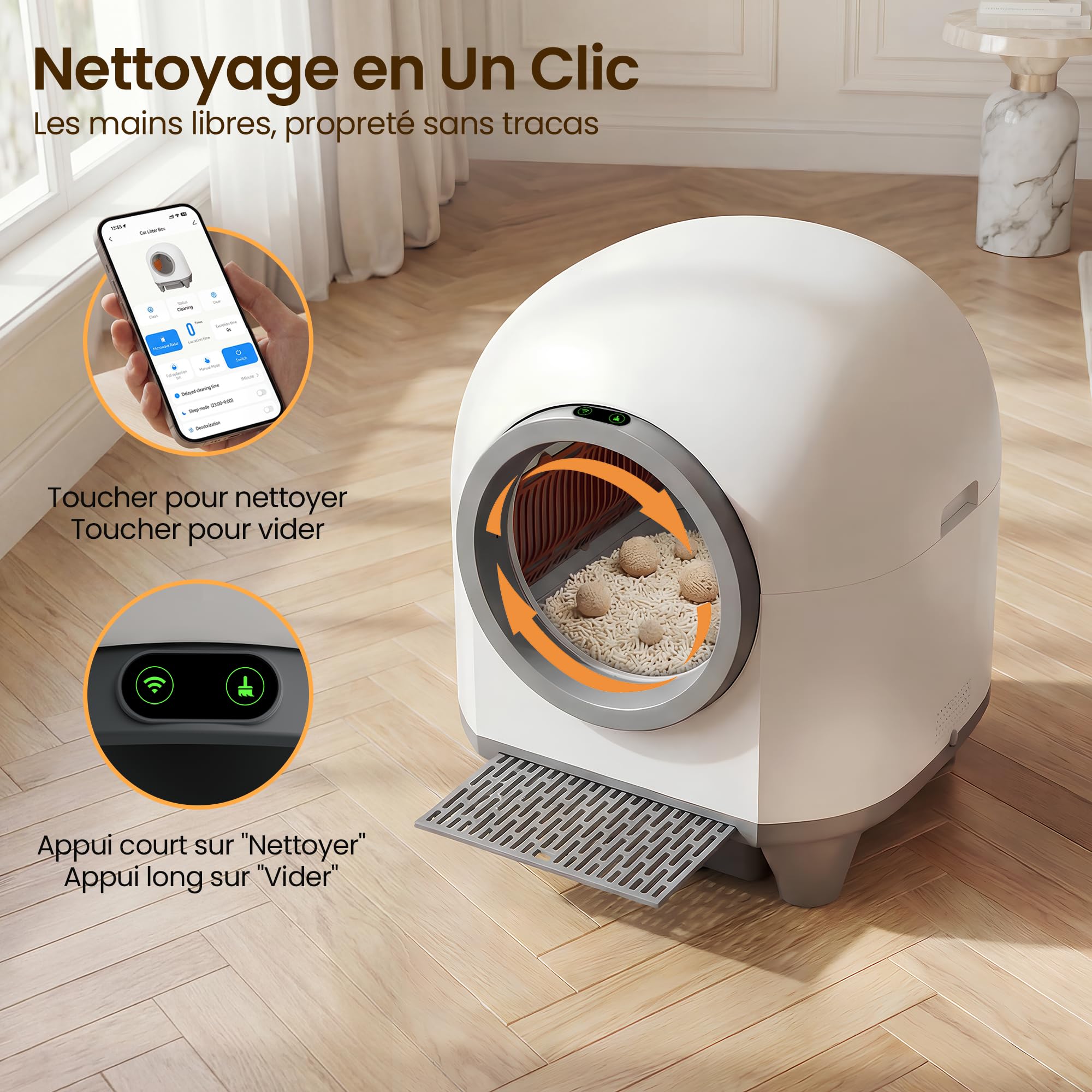 Devoko Litiere Chat autonettoyante Grande Capacité 90L | Automatique avec Contrôle par Appli et 6 Capteurs | Litiere Automatique pour Chat Auto nettoyante conçue pour Les Grands Chats (Max. 10kg)