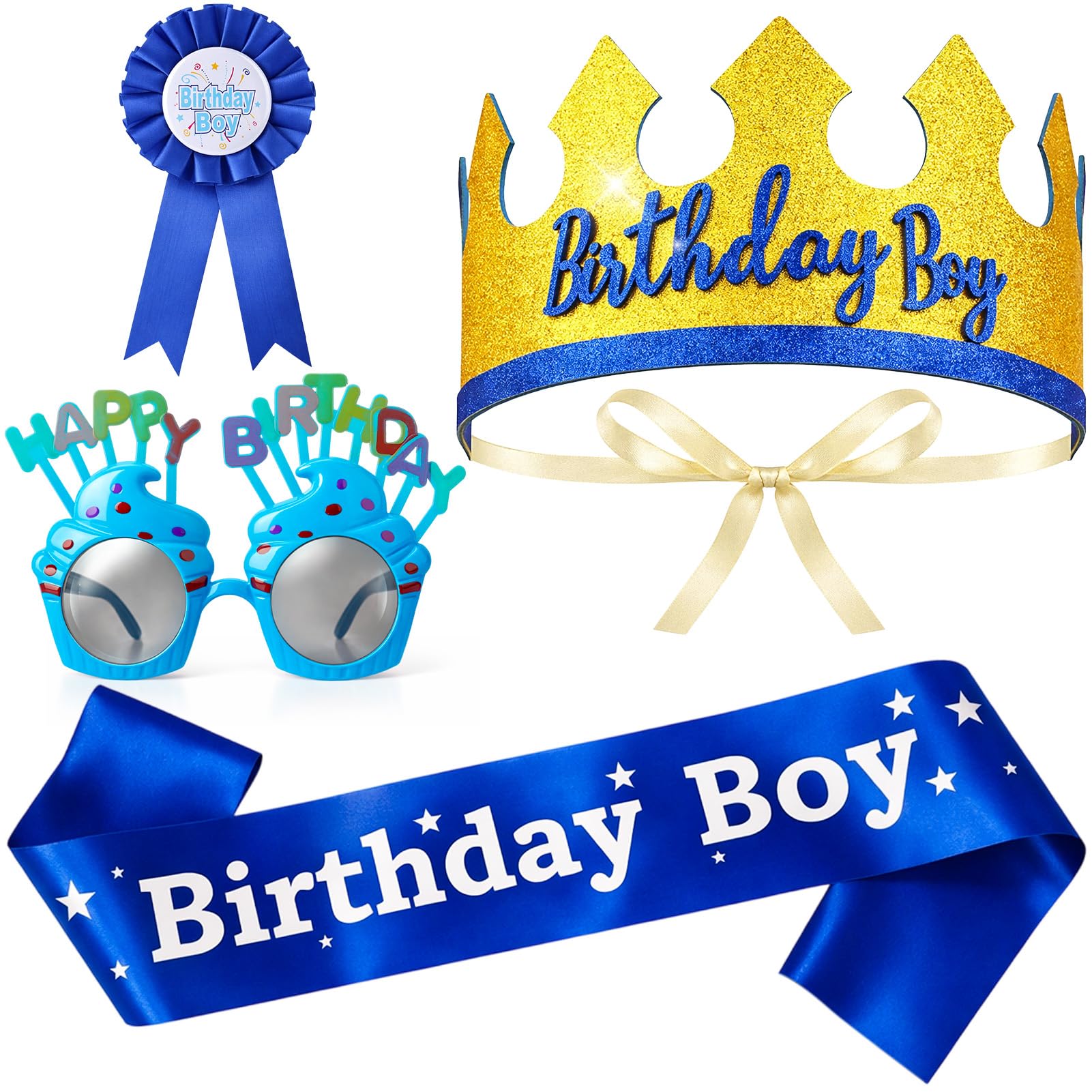 GSrenyu 4 Pcs Happy Birthday Set, Boy Sash Tiara Badge Glasses Blue Birthday Boy Headband Set Party Dress Up Supplies for Teens Men