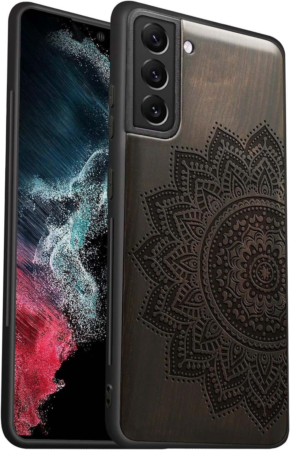 Carveit Wood Case for Galaxy S21 FE Case [Natural Wood & Black Soft TPU] Shockproof Hybrid Protective Unique Wooden Cover Compatible with Samsung S21 FE 5G (Mandala Art-Blackwood)