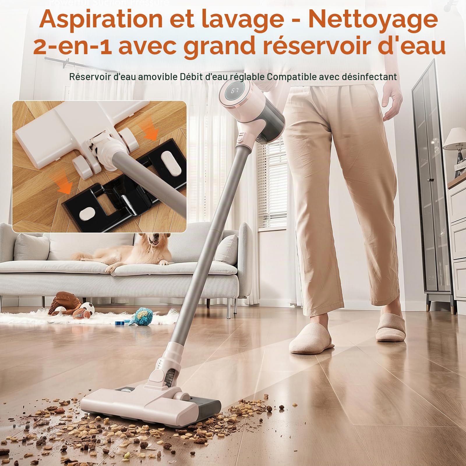 Aspirateur Balai sans Fil avec Fonction Serpillère, 2-en-1 Aspirateur Balai et Serpillère, Puissant 8000Pa, Autonomie 30 Min, Léger et Portatif pour Sols Durs, Tapis et Poils d'animaux