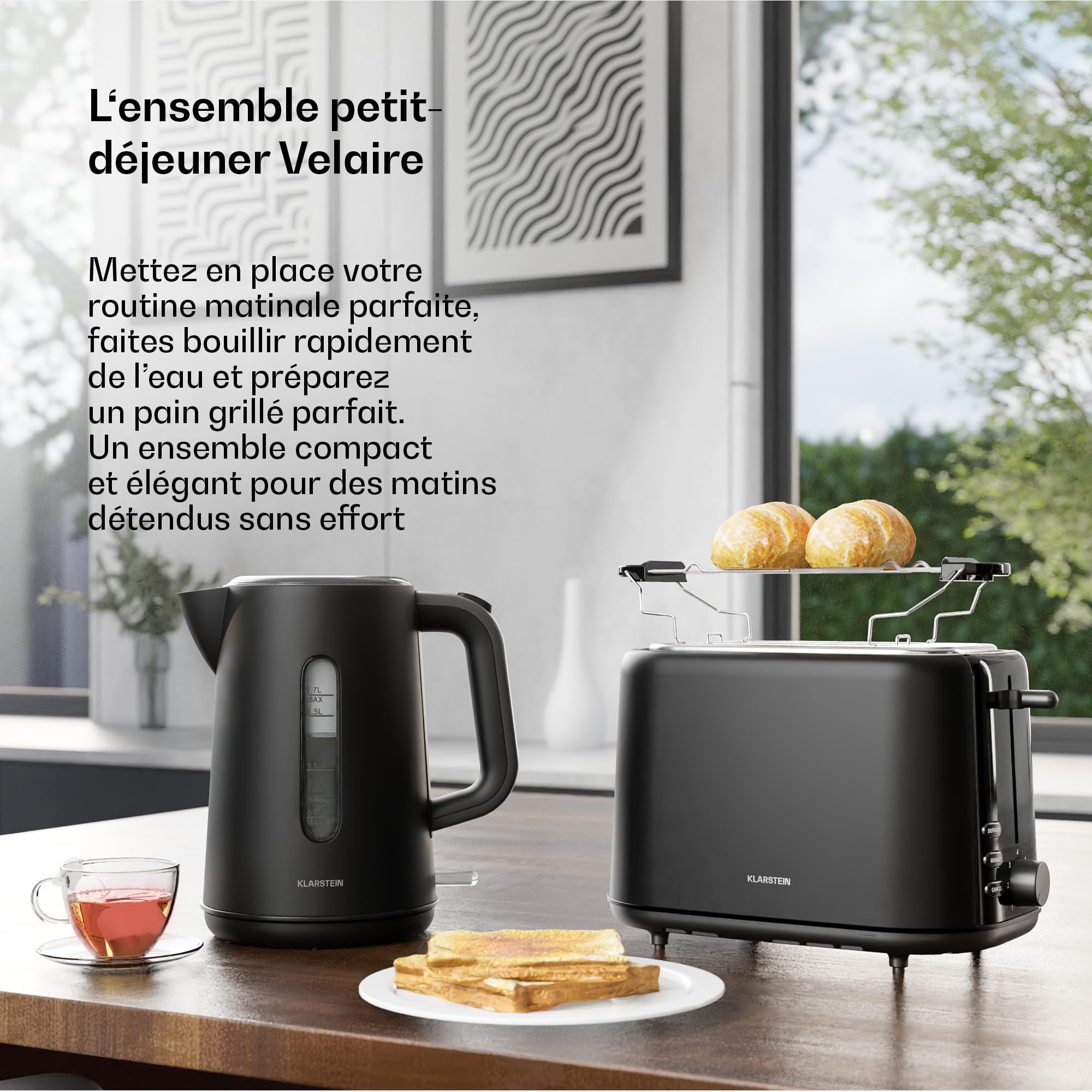 Klarstein Velaire Essential Set Petit-Déjeuner Grille-Pain 2 Fentes 7 Niveaux Bouilloire Électrique 1,7L