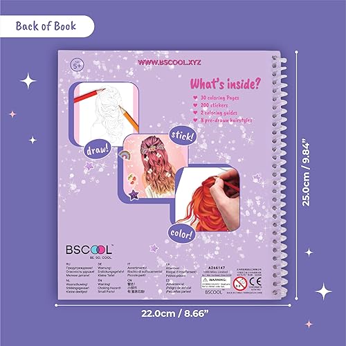 Miniatura 2 de BSCOOL - Libro de dibujo, colorear y actividades. Crea peinados con pegatinas y guías. Cuaderno de bocetos de diseño de moda para niños de 5 años