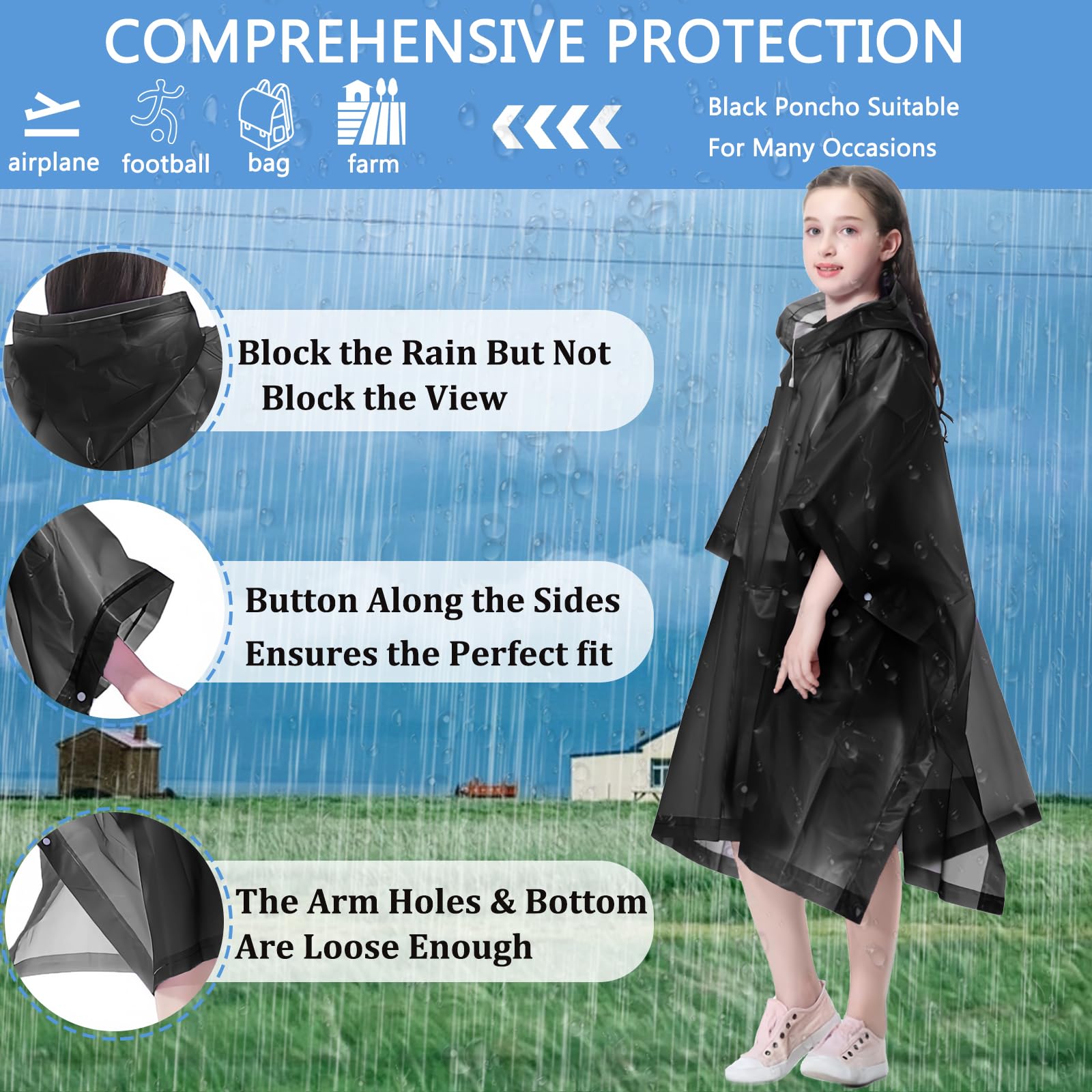 2 poncho de lluvia para niños, impermeable, reutilizable, chubasquero para niños, transpirable, con capucha