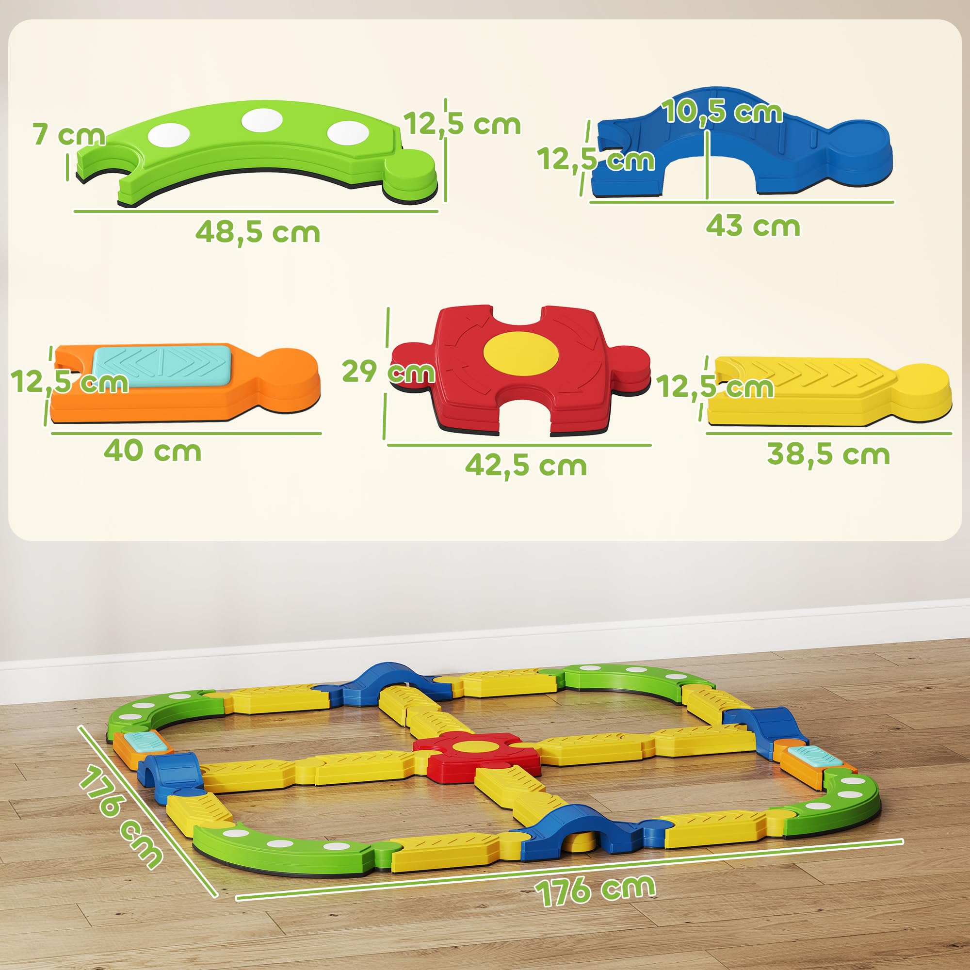 AIYAPLAY Balancierbalken Kinder Schwebebalken mit 25 Balanciersteine frei kombinierbar Montessori-Spielzeug mit rutschfester Oberfläche für Kinder von 3-8 Jahren, für Drinnen Draußen für Koordination
