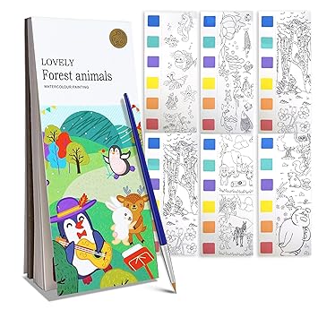 Kidology Water Color Books for Kids, Forest Theme Coloring Book for Kids with 20 Pages for Toddlers, Mini Watercolor Painting Book with 1 Brush, Art & Craft, Christmas Gifts for Girls Boys