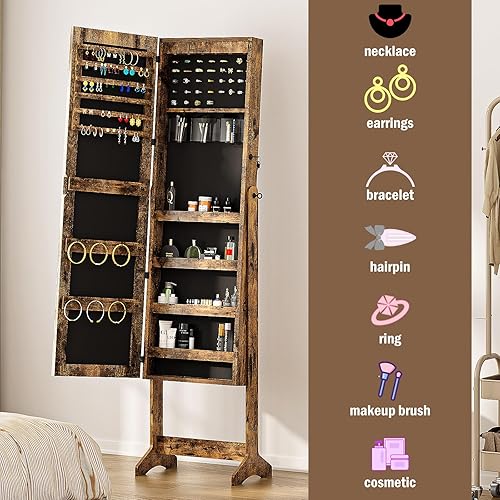 Miniatura 5 de soges Armario de joyería de pie independiente con espejo de longitud completa, organizador de joyas con cerradura, armario de espejo grande