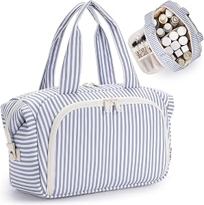 Narwey Wide-Open Toiletry Bag Women, Striped Travel Toiletries Bag, Large Makeup Cosmetic Bag Organizer with Wet Pocket for Travel Size Toiletries Essentials (Greyish Blue Stripe)