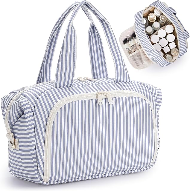 Narwey Wide-Open Sac de toilette Femmes, Sac de voyage rayé, Grand maquillage Cosmétiques Sac Organisateur avec poche humide pour les produits de toilette essentiels de taille Voyage (Greyish Blue Stripe)