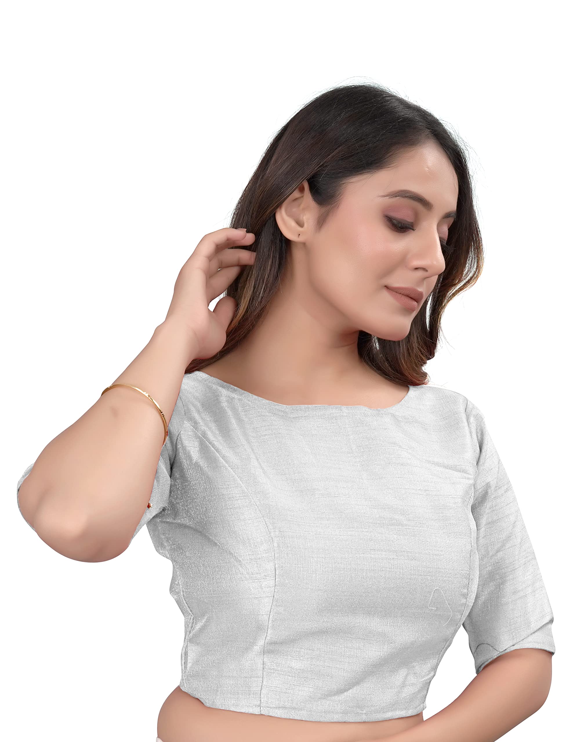 Pujia Mills Women's Slub Silk Boat Neck With Elbow Length Sleeve Plain Fancy Blouse(Slub White_S)