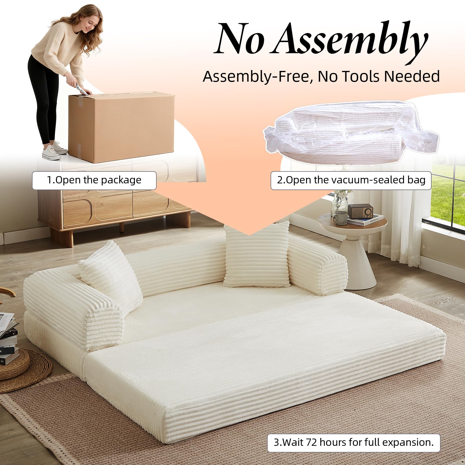 78 Inch Convertible Futon Sofa Bed,Folding Boneless Couch with Sleeper Sofa,Fold Out Floor Sofa Couch with Deep Seat,Cloud Corduroy Foldable Mattress Couches for Living Room(Off White)