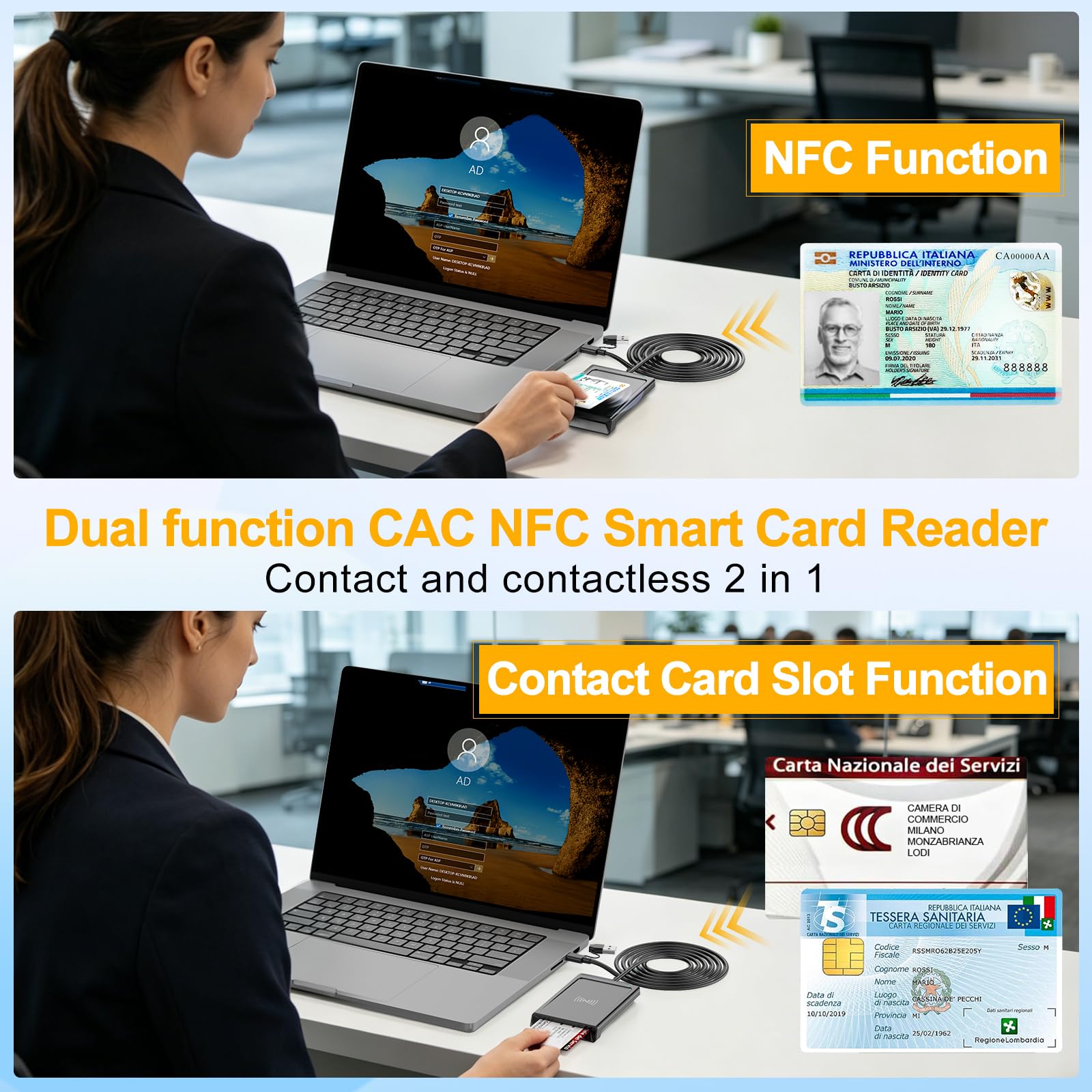 USB-A+USB-C Lettore CIE 3.0 Carta d'identità Elettronica e Tessera Sanitaria Italiana,Lettore Smart Card CNS Firma Digitale Lettore NFC Smart contatto e contactless CIE/CRS/CNS per Windows 10 11 Linux