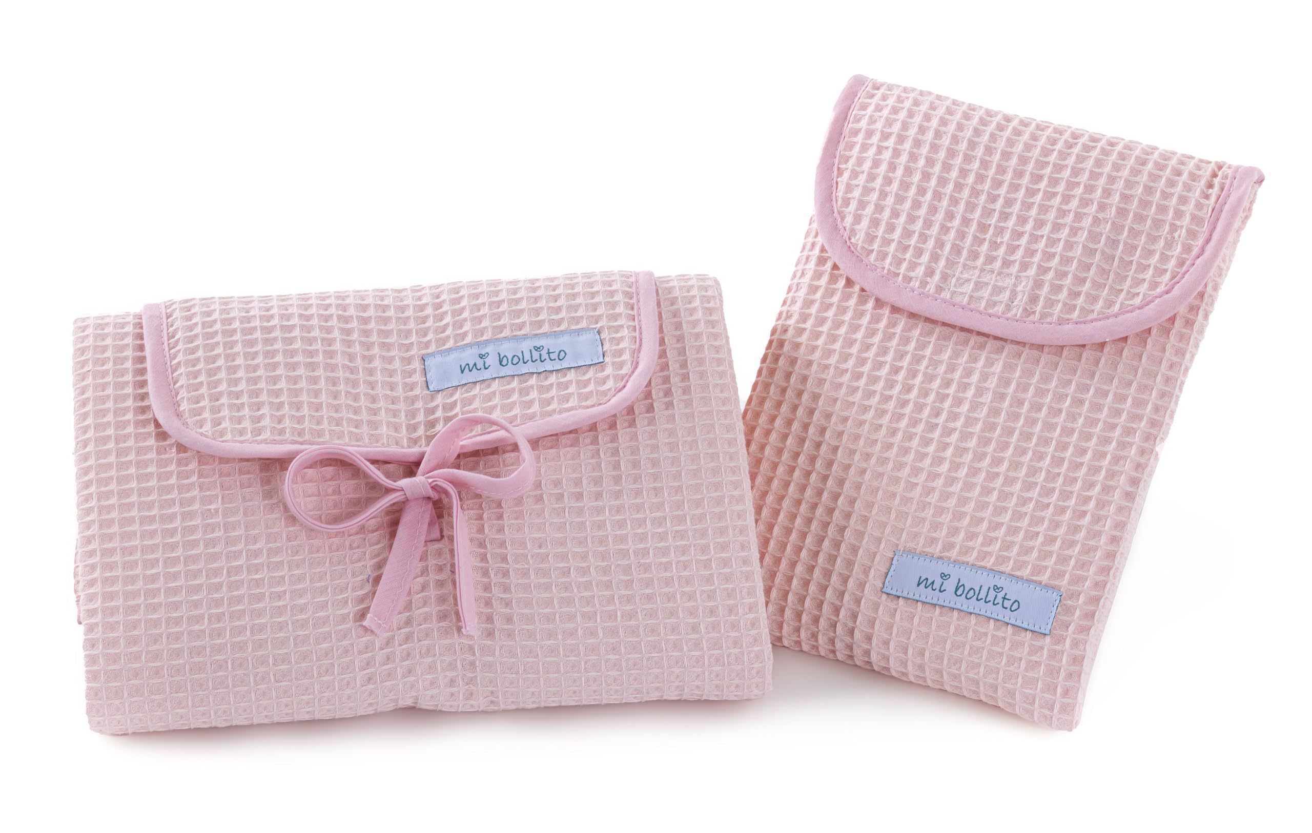 Mi bollito Set of 2, Waterproof Baby Changing Pad + Diaper Bag for Wipes and Diapers. Made entirely in Spain. (Light Pink)