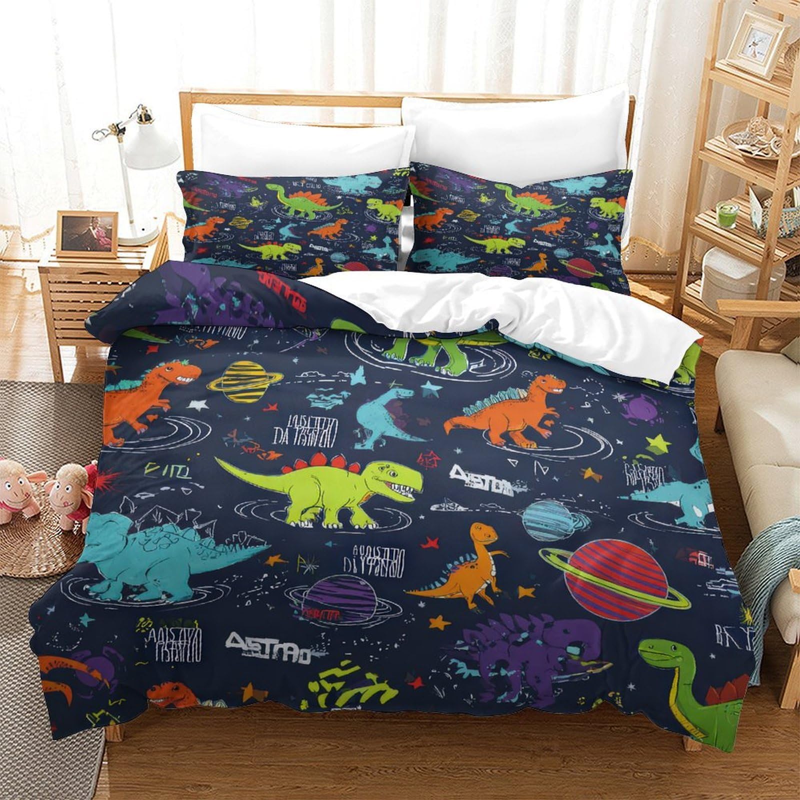 Dinosaurier Raum 3-teiliges Reines Polyester Cartoon Kinder Design Bettbezug, Versteckter Reißverschluss, Krippenbettwäsche, Babysicher & Pflegeleicht King（220x240cm）