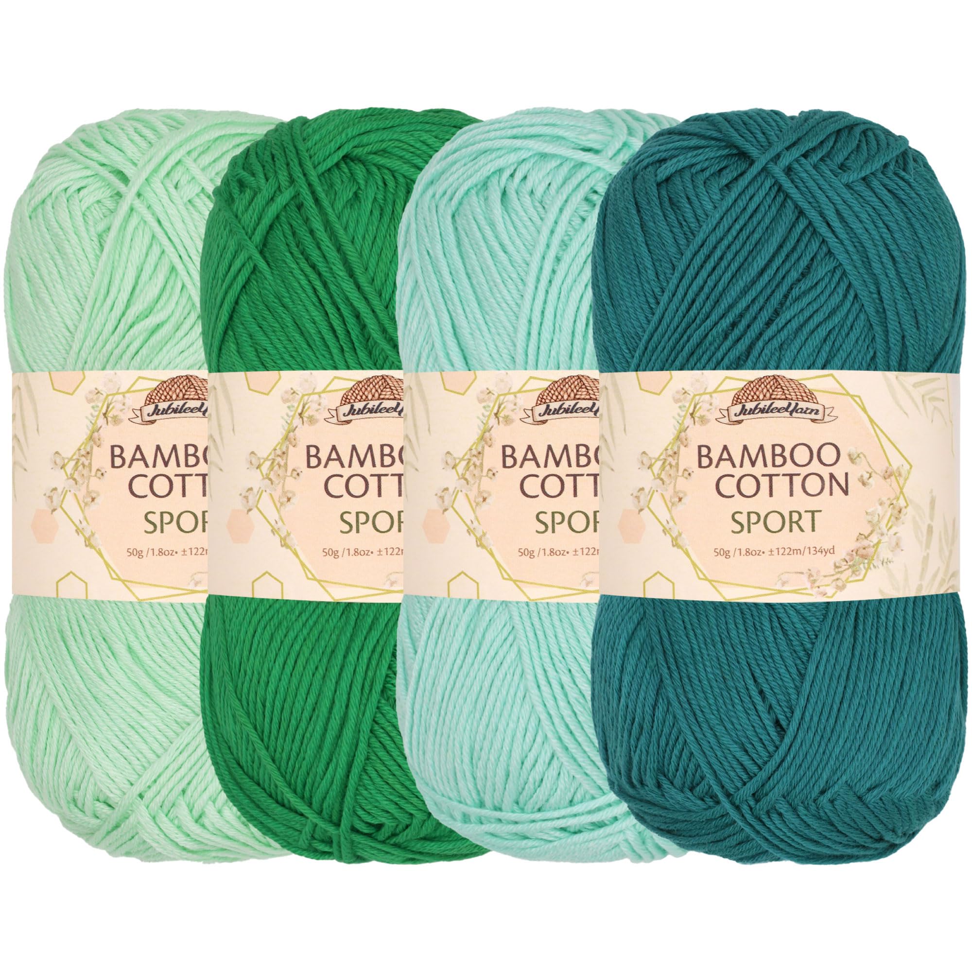 JubileeYarn Bamboo Cotton Sport 4 Ply Yarn - 50g/Skein - Shades of Green - 4 Skeins