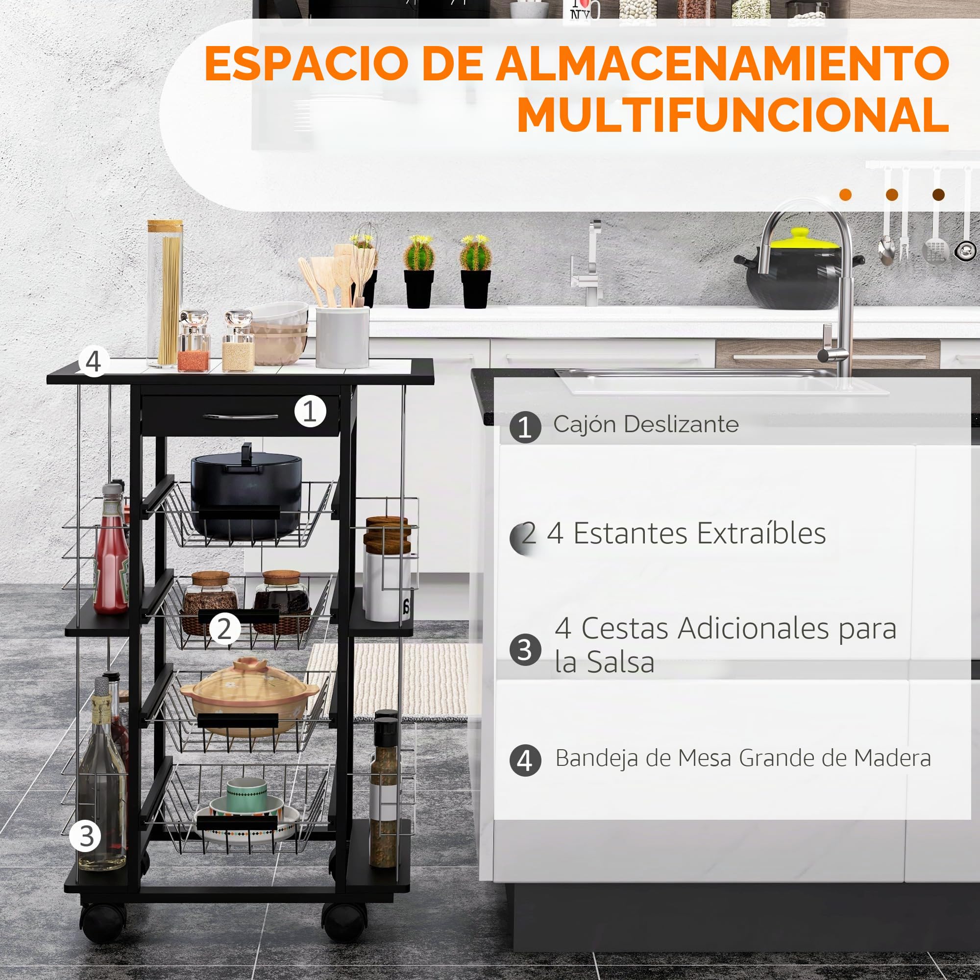 HOMCOM Carro de Servicio de Cocina con Ruedas, multialmacenamiento, 4 cestas de Metal cajón + 4 Botellas, Madera de Pino Negro, Bandeja de baldosas, Color Blanco