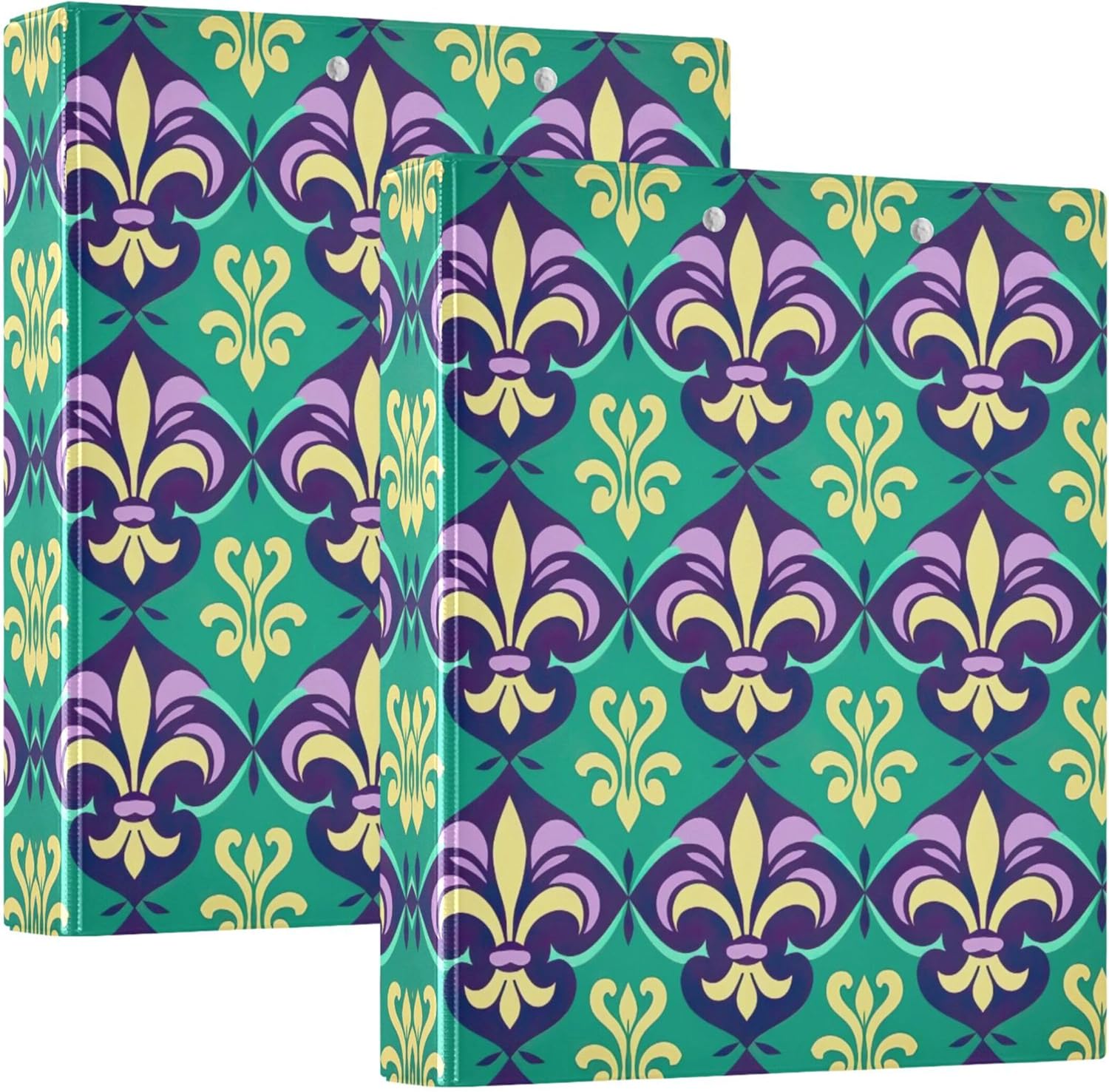 Mardi Gras 3 Ring Binders, 1.5” Round Ring Binders with Clipboard - Letter Size, 3 Interior PVC Clear Pockets & Anti-Slip Clip for Office School Supplies, 2PCS