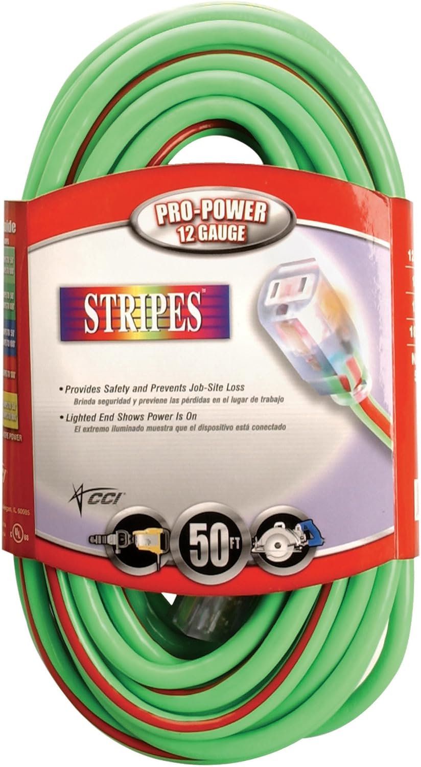 Coleman Cable 2649 100-Feet 10/3-Wire Gauge Neon Stripe Outdoor Extension Cord with Lighted Ends, Green/Red