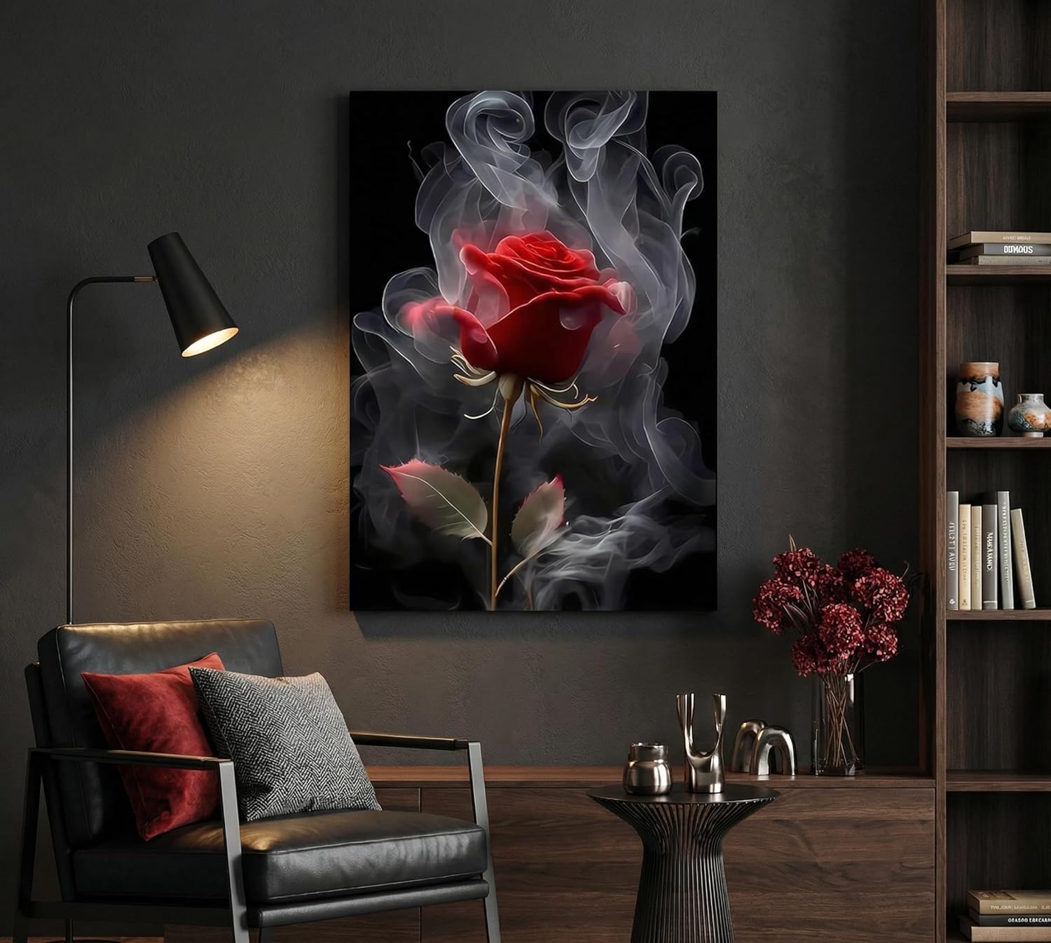 Romantic Red Rose Canvas Wall Art Abstract Smoke Rose Wall Decor Picture Modern Flower Poster Print Printing for Living Room Bedroom Bathroom Decoration Ready To Hang
