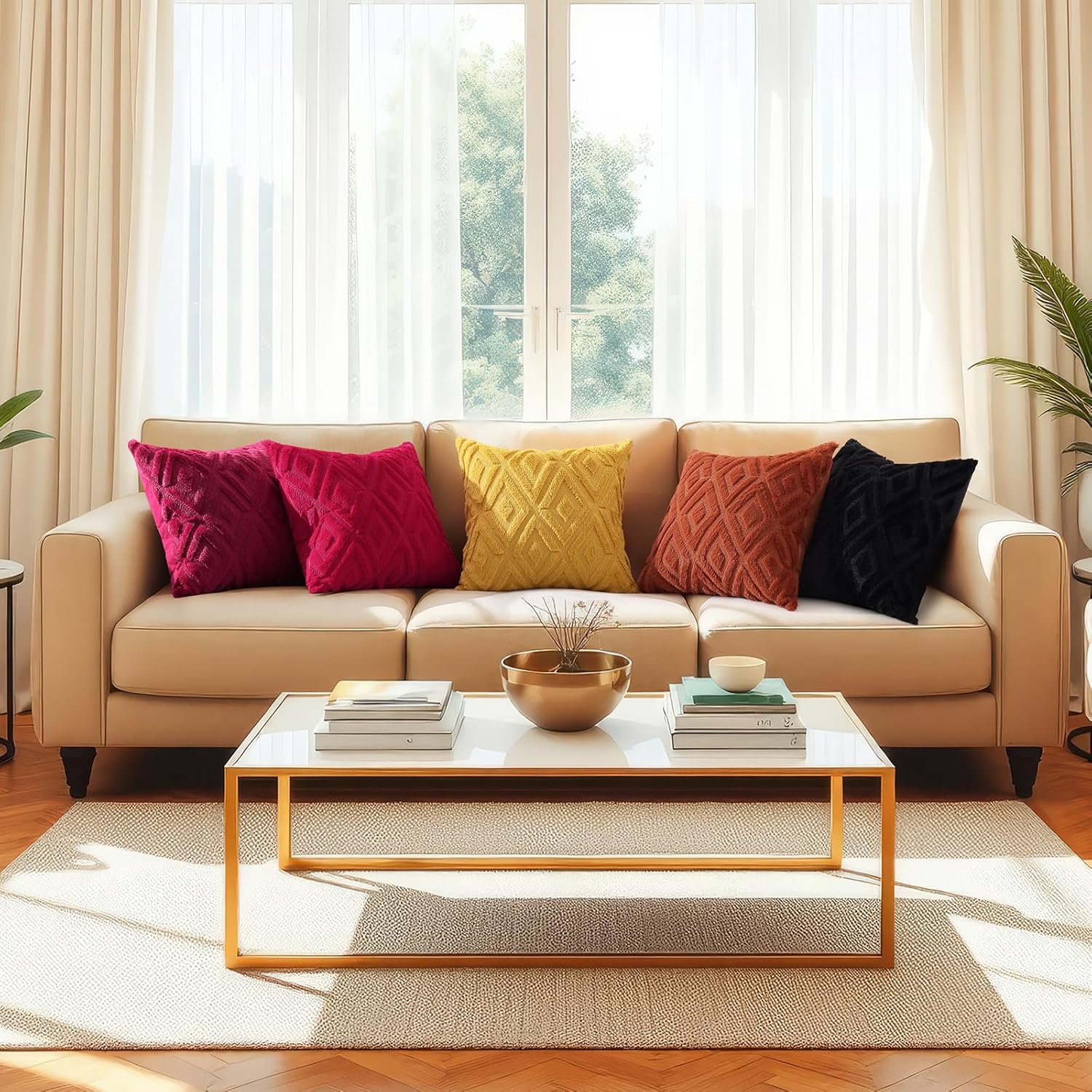 decorUhome Summer Couch Throw Pillow Covers 20x20 Set of 2, Decorative Soft Plush Faux Fur Wool Accent Pillow Covers for Modern Farmhouse Bed Sofa Living Room, Mustard Yellow