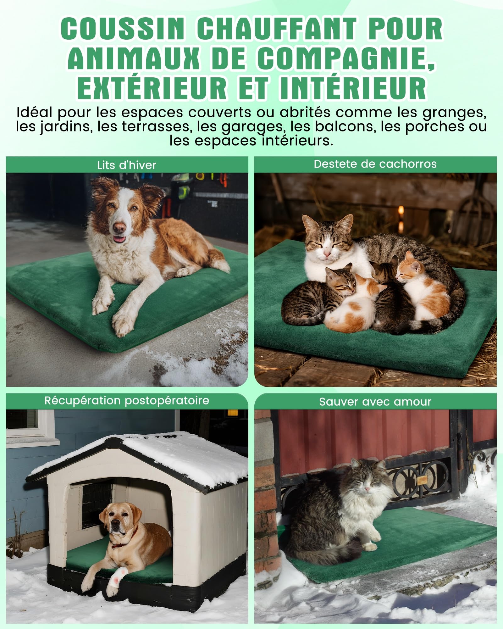 petnf Coussin Chauffant d‘Extérieur pour Chien et Chat - Température Auto-Régulée, Étanche, Câble Anti-Morsure - pour Niche, Maison de Chat et Panier, Vert, 40x50 cm