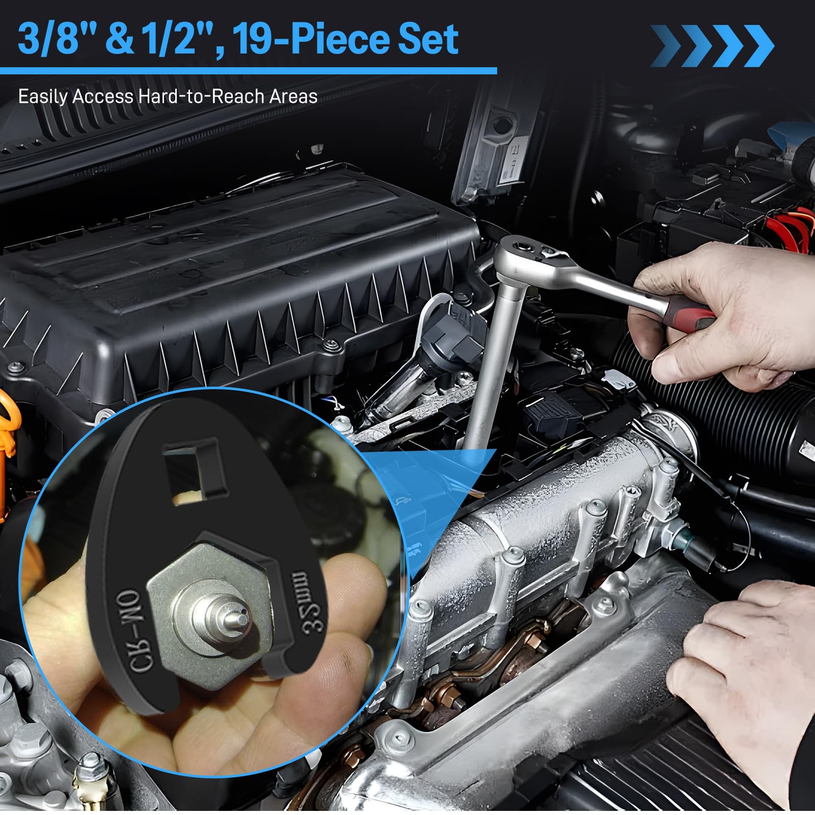 Set di chiavi a piedino di gallo, 19 pezzi, 8-32 mm, chiave dinamometrica | In acciaio CR-MO da 3/8 e 1/2 pollici, chiave a forchetta aperta per cricchetto, cavo del freno, riparazione auto, officina