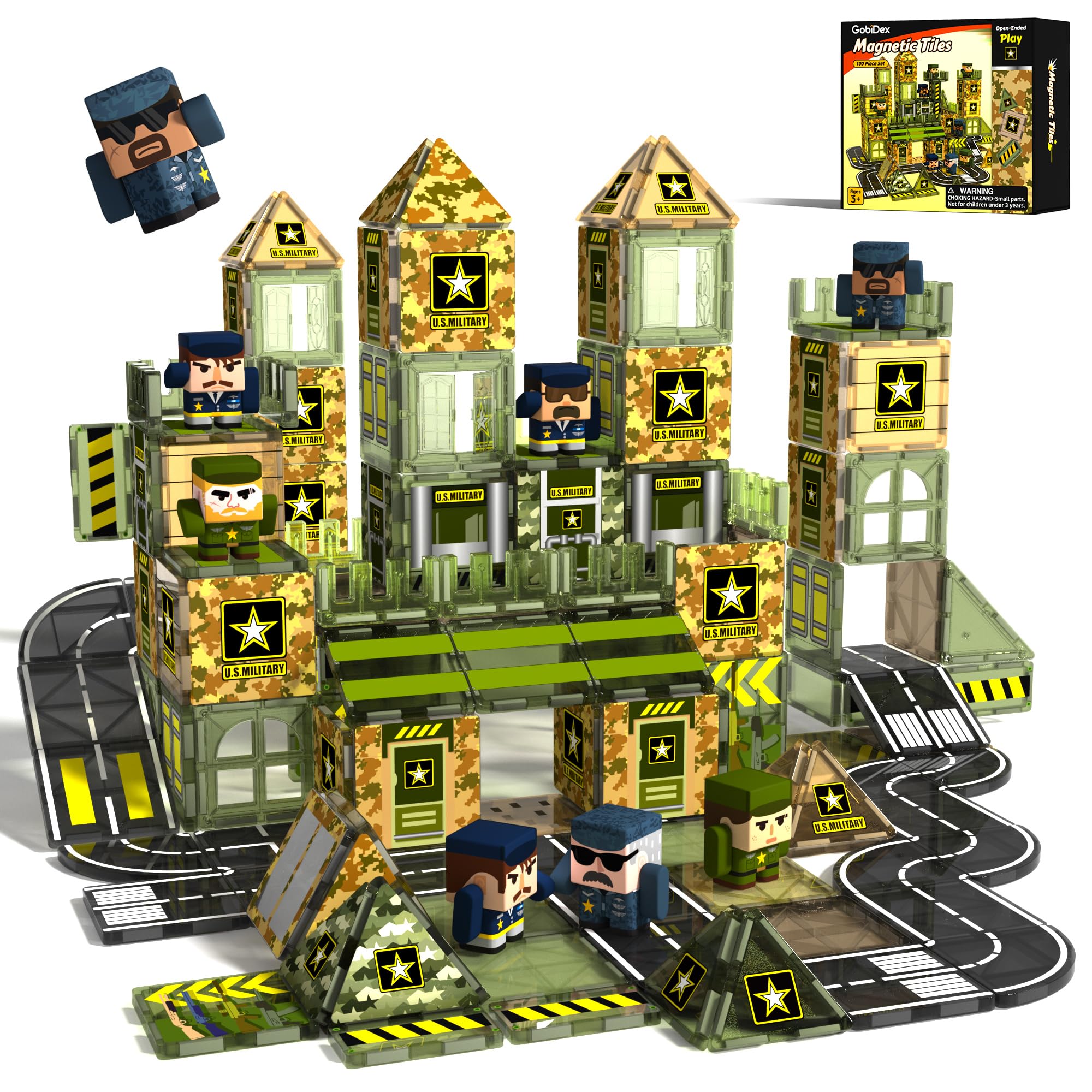 GobiDex 100PCS Army Magnetic Tiles with 6 Toy Soldiers, Military Magnetic Blocks Building Toys for Kids Ages 3-5 4-8, STEM Construction Army Men Toddler Toys Birthday Gifts for 3+ Year Old Boys Girls