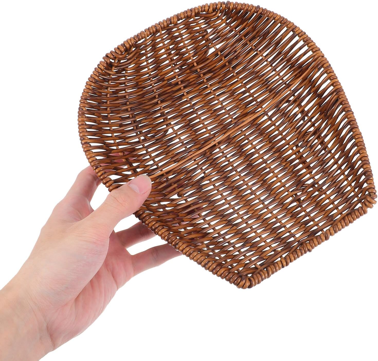 Woven Snack and Bread Basket Medium Brown Imitation Rattan Plastic Handwoven Tabletop Serving Basket for Fruit and Food Storage in Kitchen and Dining