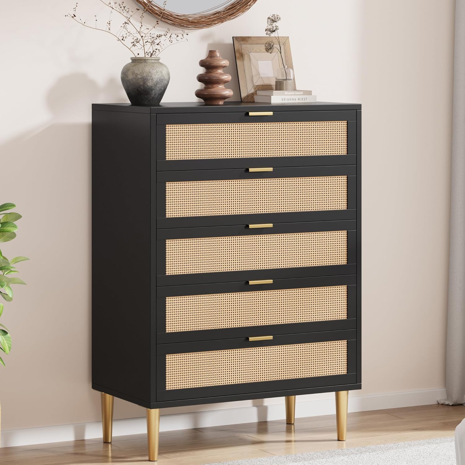 IDEALHOUSE Rattan 5 Drawer Dresser, 44'' Tall Narrow Chest of Drawer, Farmhouse Wooden Vertical Dresser with Metal Legs and Handles, Modern Cabinet for Bedroom, Living Room, Black