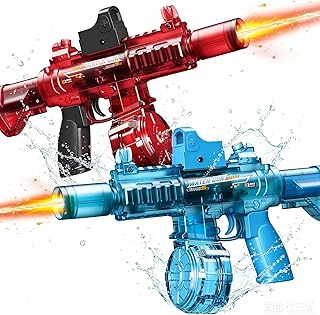 2 Pack Electric Water Guns for Adults & Kids, Automatic Squirt Guns with 32Ft Long Range, Large Capacity,LED Light, Summer Outdoor Swimming Pool Water Toys, Red and Blue