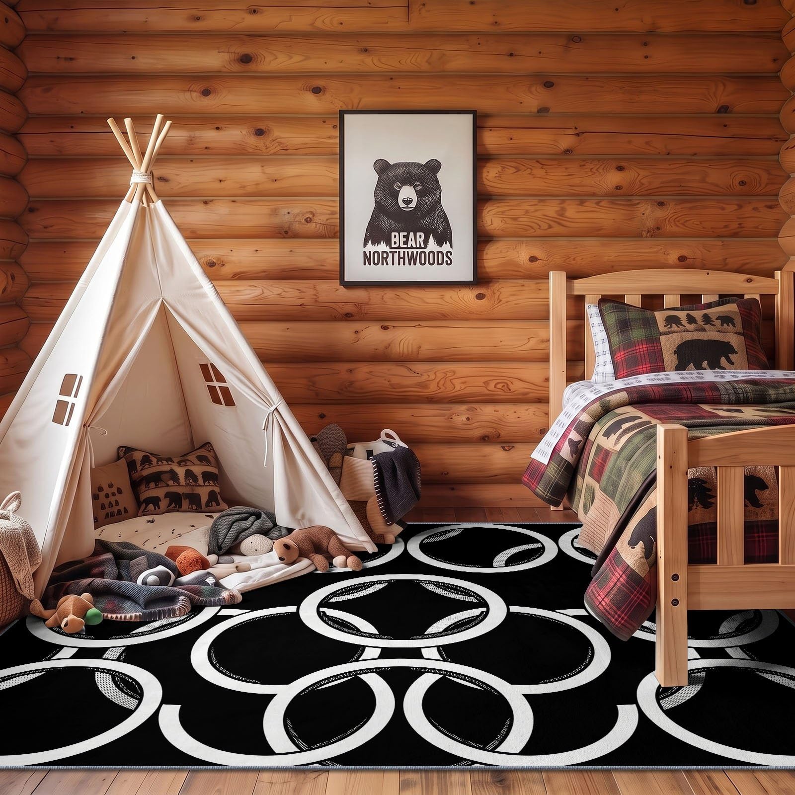 Noir Blanc Moderne Géométrique Tapis Salon Cercle Anneau Rug Lavable en Machine | Antidérapant Rugs, Chambre Descente de Lit Salle a Manger Bureau Cuisine Interieur Poil Ras Carpet 60 x 110 cm