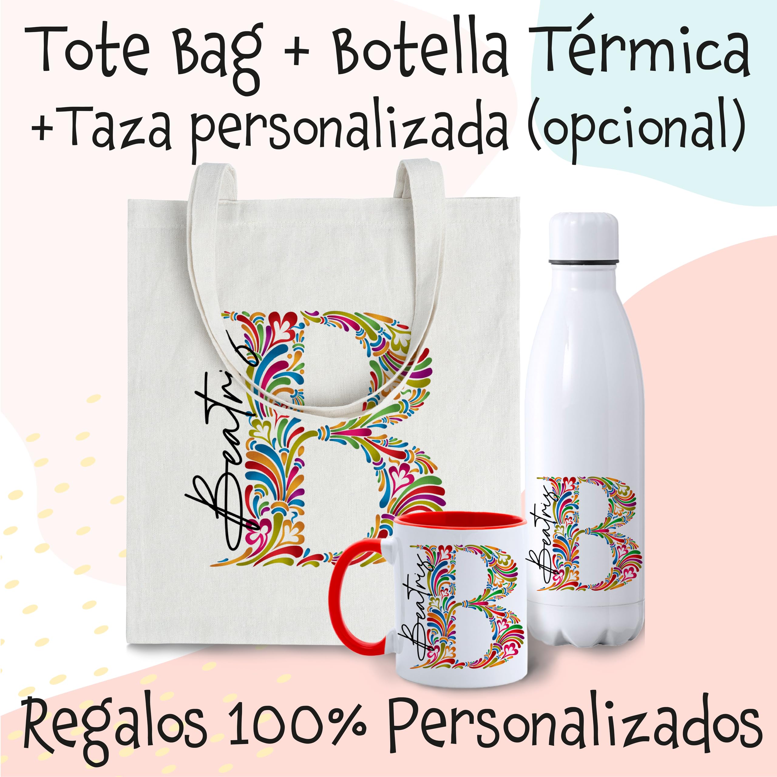 Set Regalo Personalizado Mujer – Tote Bag con Inicial y Nombre + Botella a Juego | Opción de Añadir Taza Personalizada con Mensaje y Color – Hecho a Mano en España
