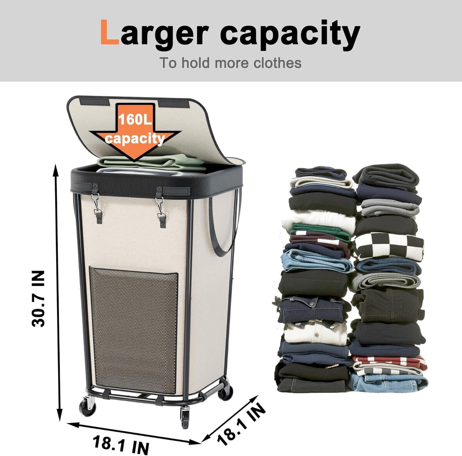 Laundry Basket with Lid and Wheels Rolling Laundry Basket, Removable Laundry Bag Design for Daily Use in Bathrooms and Laundry Rooms (Cover White, 160L)