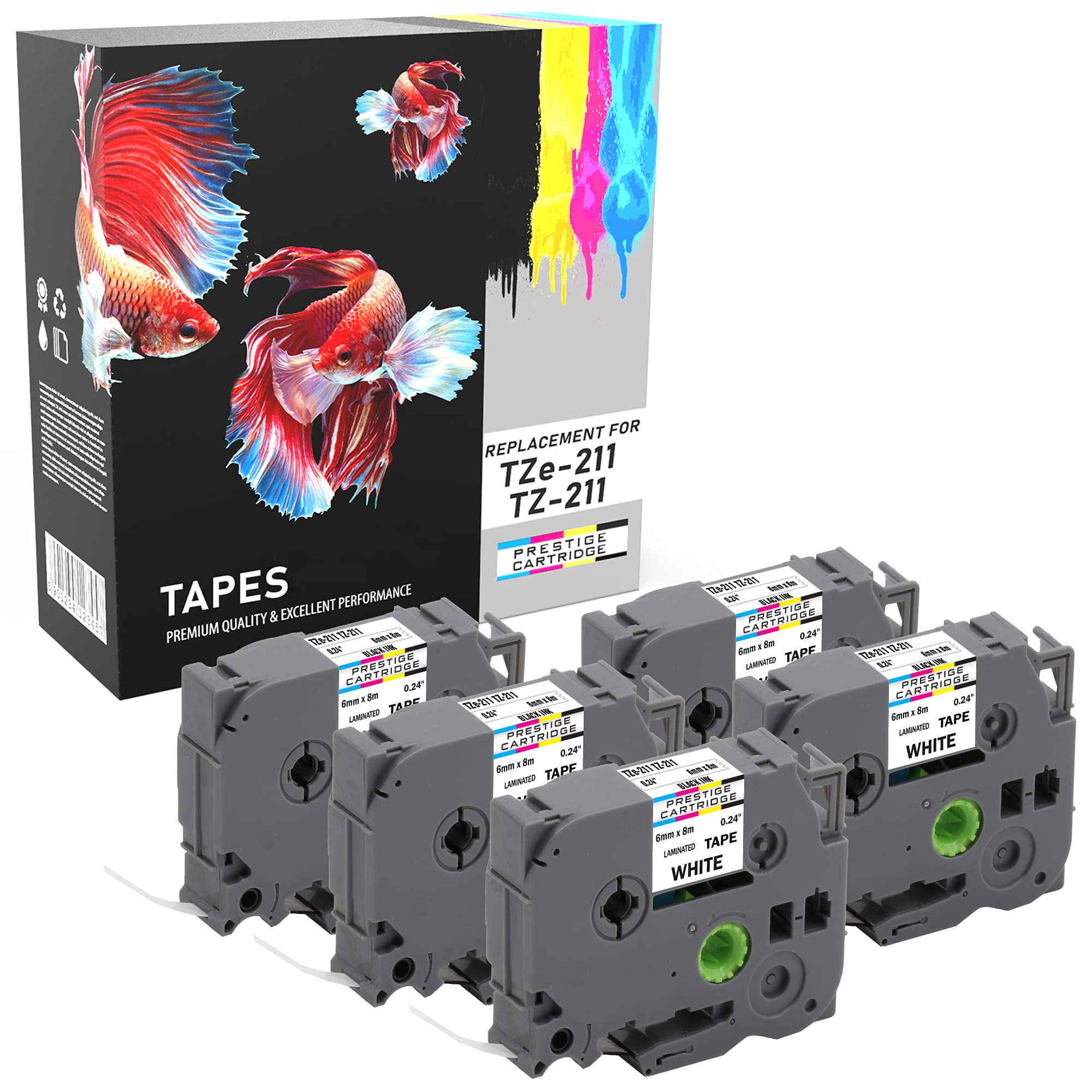5 Compatible TZe-211 TZ-211 Black on White 6mm x 8m Label Tapes for PT-1000 1005 1010 3600 9600 D200 D210 D210VP D400 D450VP D600VP E100 E550WVP H101C H105 H110 H300 H500 P700 P750W