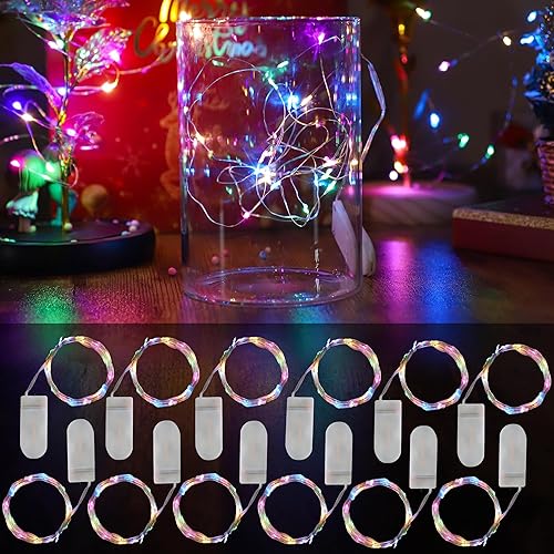 FTEOYEL Paquete de 12 guirnaldas de luces de hadas, 7 pies, 20 luces LED a pilas, impermeables, de alambre de metal, para regalos, cumpleaños,