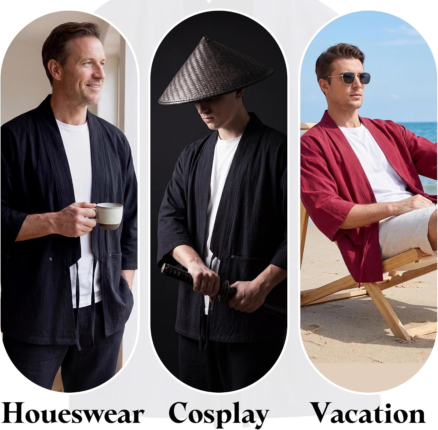 Haseil Men's Kimono Cardigan Japanese Jackets Casual Cotton 3/4 Sleeve Shirt Open Front Coat Lightweight Linen Outwear