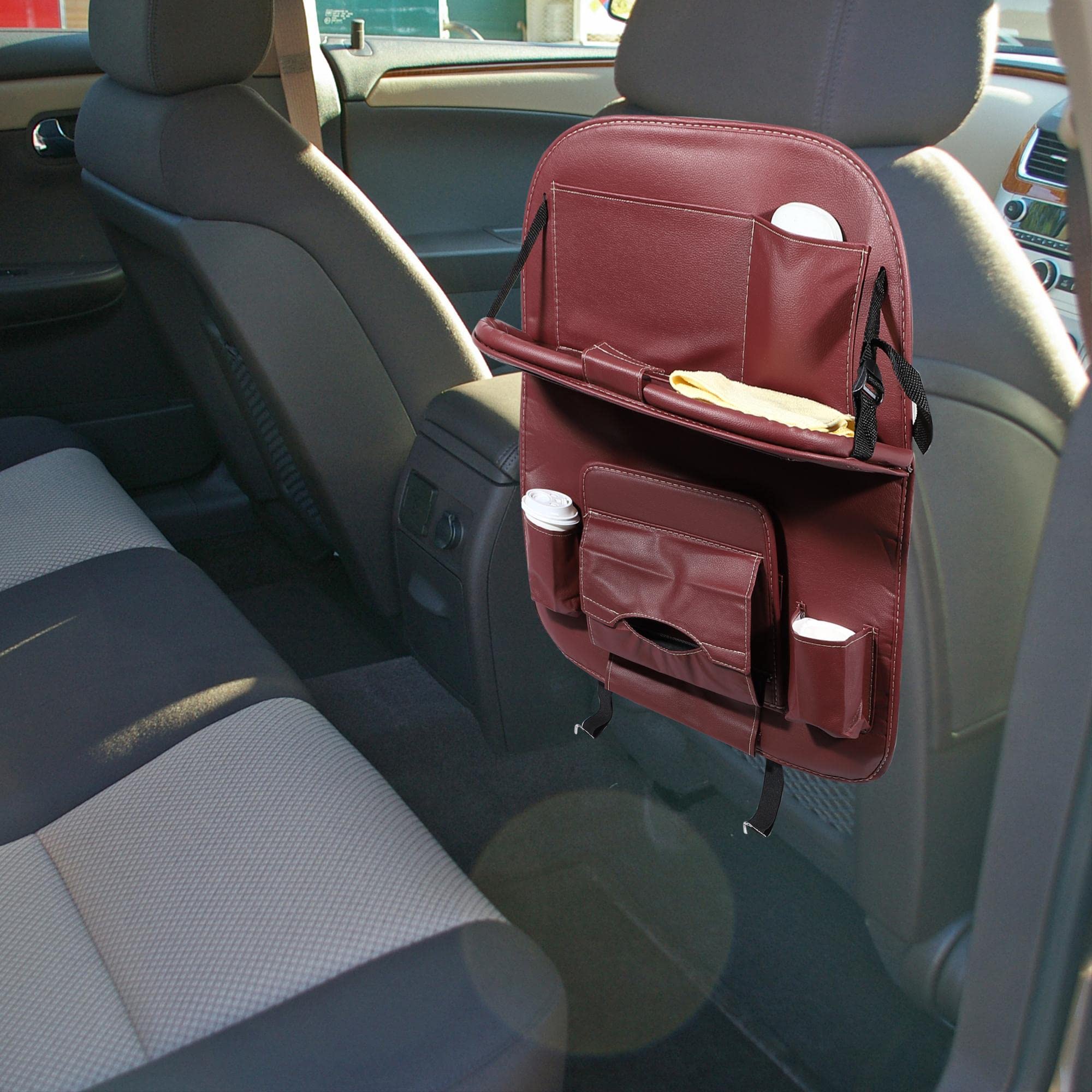 X AUTOHAUX Car Back Seat Organizer Mat Foldable Garbage Bag Tray PU Leather Red, 25.20"x18.90" - Image 2
