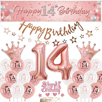 Balloon 14th Birthday Rose Gold Girl - Large Happy 14th Birthday Banner Background and Stars Garland Giant Foil Balloon Number with Cake Decoration for Teenager Birthday Decoration