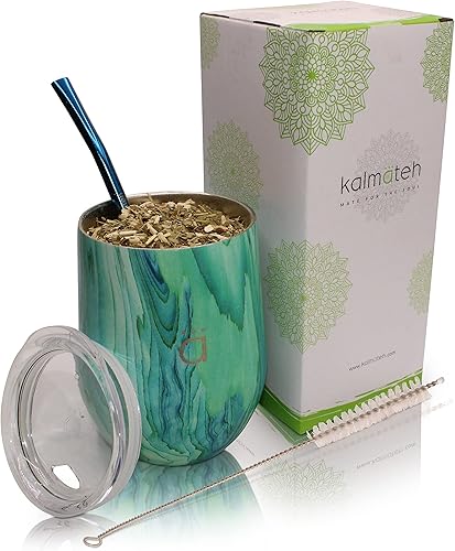 Miniatura 1 de Kalmateh Yerba Mate - Vaso mate extra grande (12 onzas) con tapa de viaje libre de BPA, filtro bombilla y limpiador bombilla, 188 de doble pared