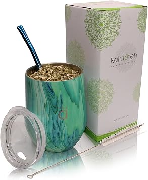 Kalmateh Yerba Mate Gourd Extra Large 12 oz Mate Cup with BPA Free Travel Lid, Bombilla Filter Straw & Bombilla Cleaner- 18/8 Double Walled Vacuum Insulated Stainless Steel Turquoise