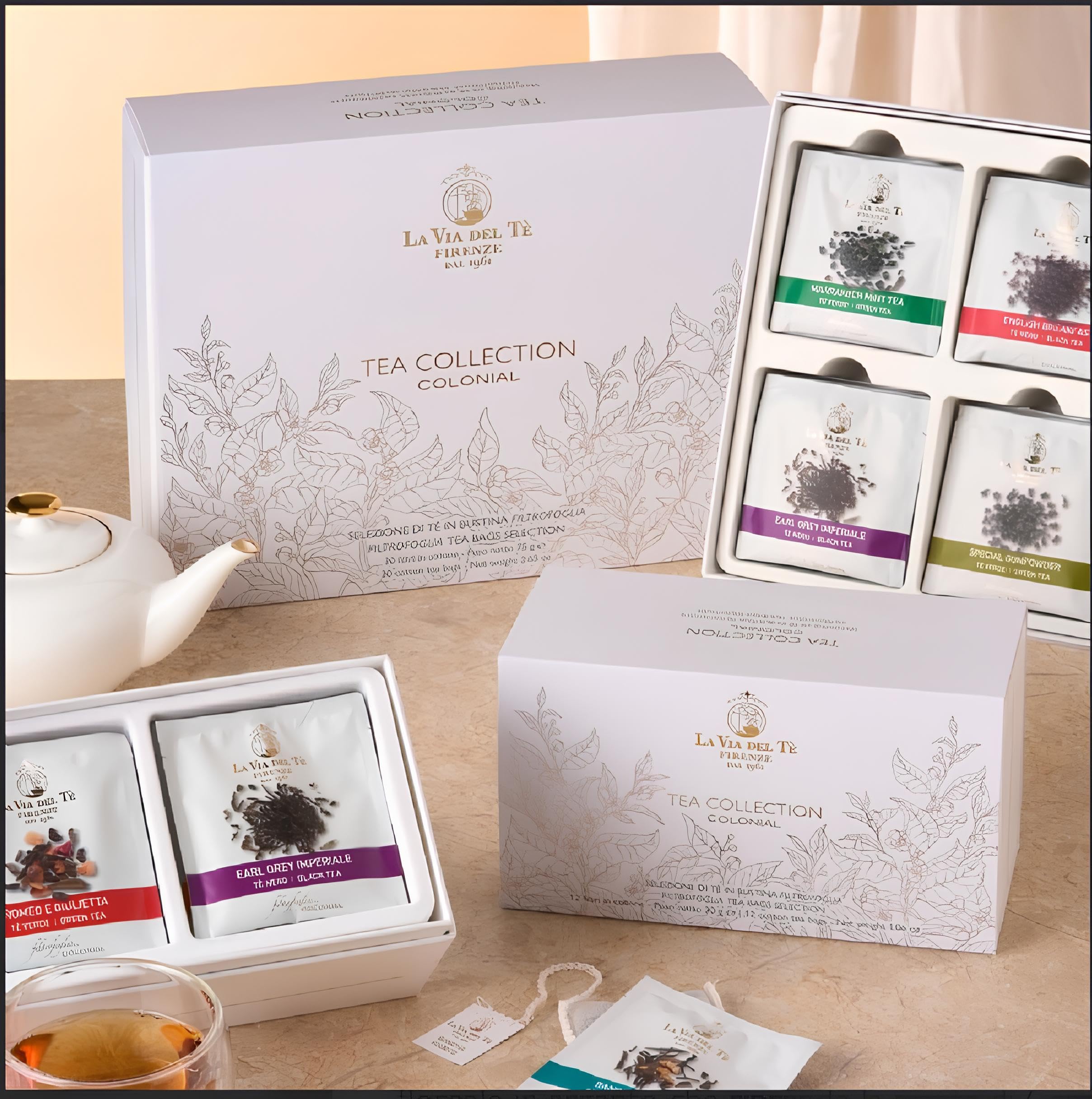 Tea Collection Colonial- La via del Tè Firenze, Selezione di 30 Tè in bustina - Miscele Profumate - confezione regalo bianca con particolori dorati ed argentati