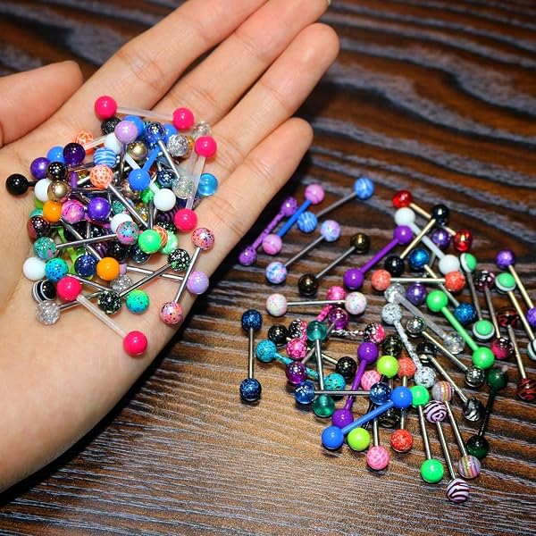 OUFER 100PCS Lot Piercing Langue Acier Chirurgical 316L avec Boule Acrylique Piercing a la Langue Piercing Barbell Barre de Langue Ensemble 14G Couleurs Aléatoires - 3