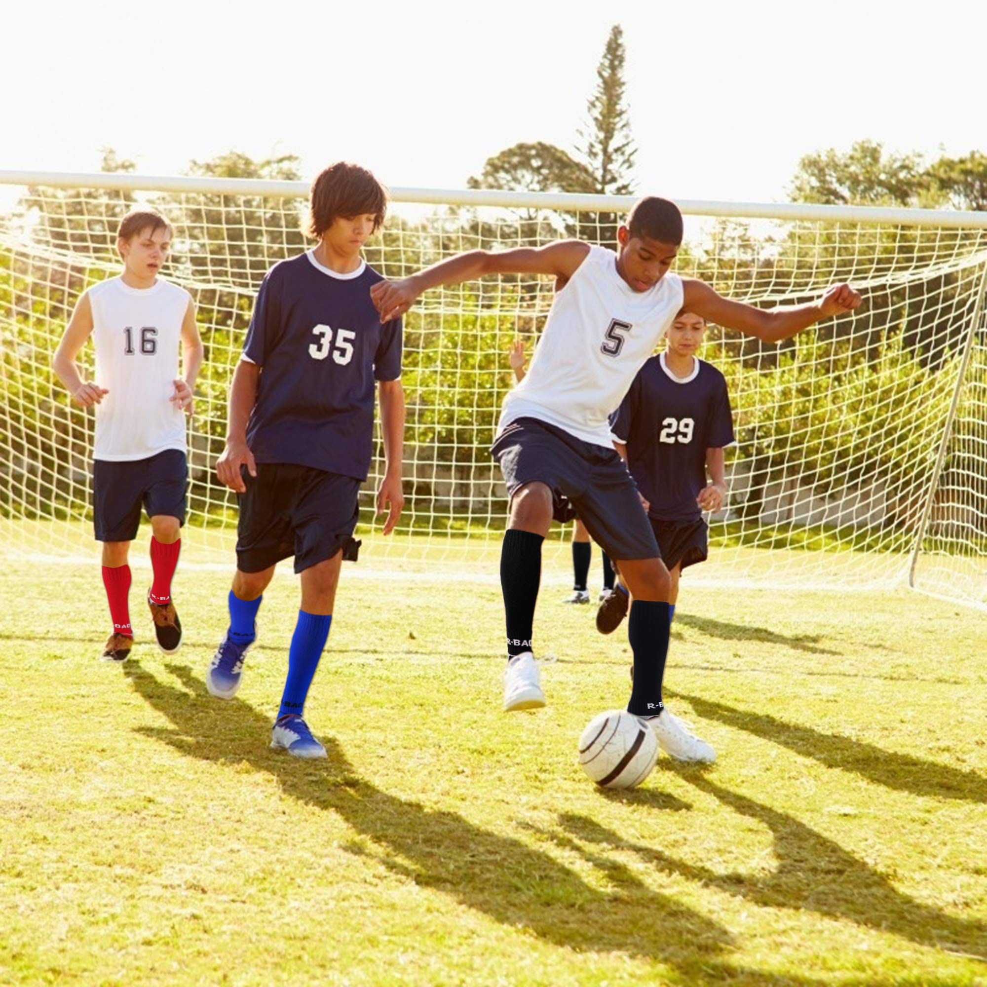 Lot De 3 Paires De Chaussettes De Football Hautes Genou Pour Enfants 8-12 Ans - Antidérapantes, Respirantes, Avec Coussins - Pour Sport (Noir, Bleu, Rouge)