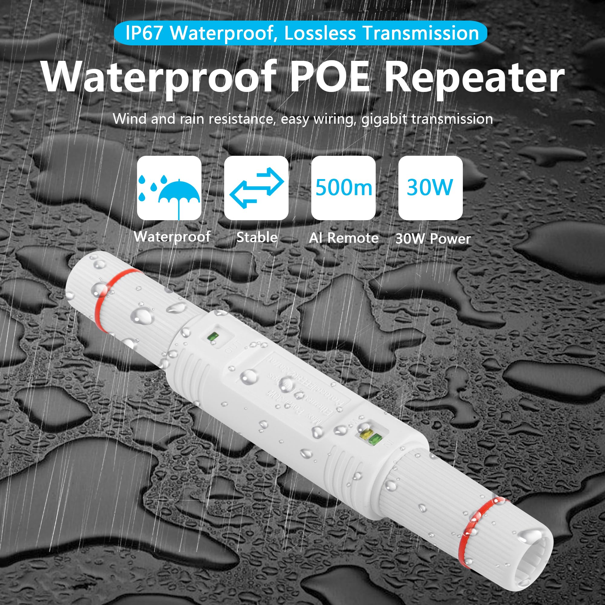 SinLoon Extensor PoE impermeable IP67 de 100 m/250 m, 10/100 Mbps, repetidor PoE RJ45 Ethernet para cámara IP, Plug and Play (blanco)