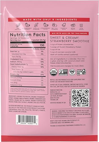 Miniatura 8 de Truvani Proteína en polvo de guisantes vegana  Fresa  20g de proteína vegetal orgánica  1 porción  Keto  Sin gluten ni lácteos  Bajo en